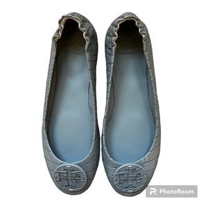 Tory Burch Minnie Travel Ballet Leather Logo Soft Croco Emboss